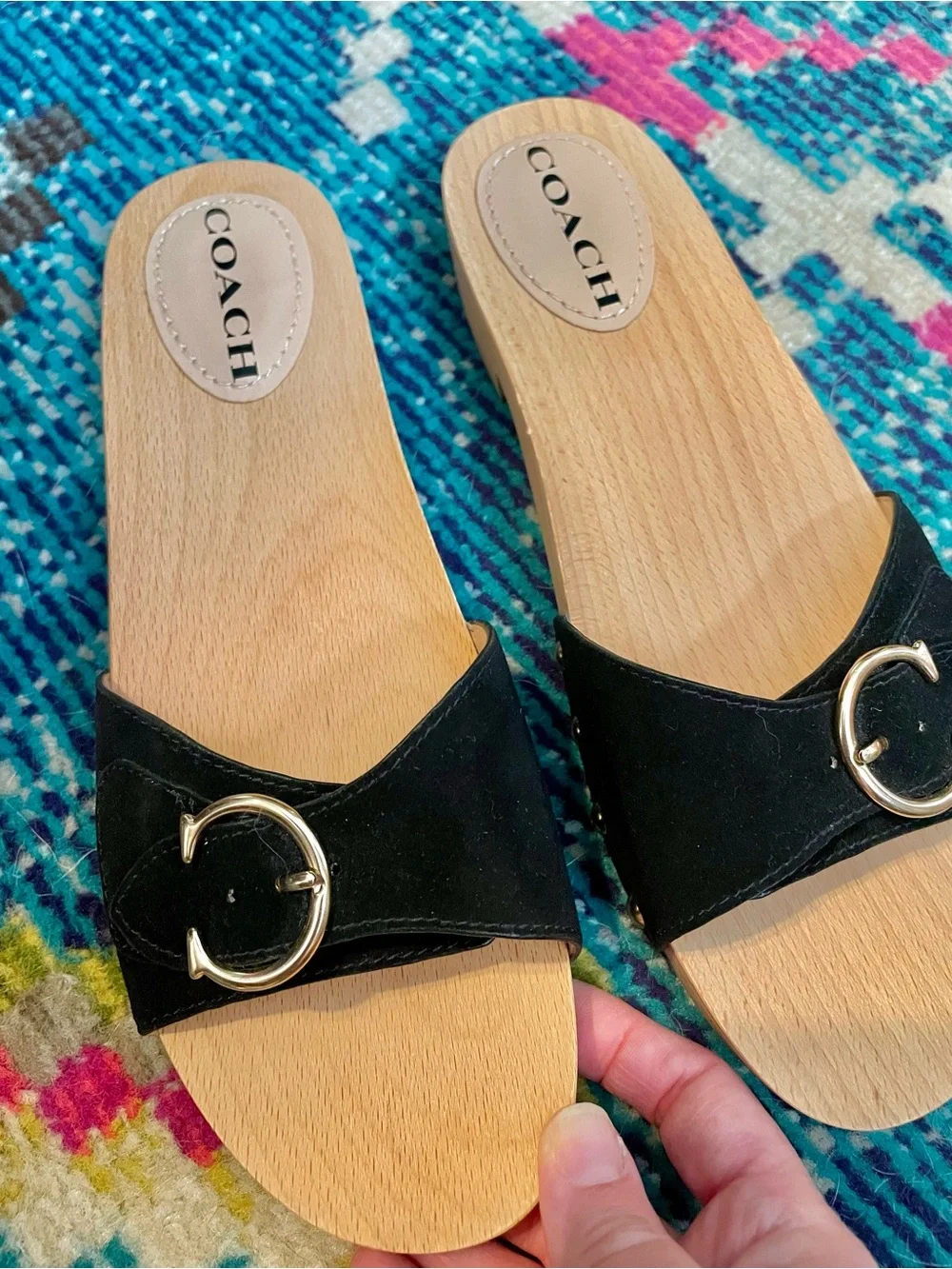 Coach Bleeker Wooden Black Suede Slide Sandals Women’s 9